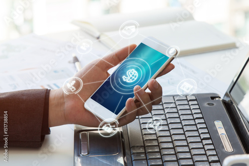 Wallpaper Mural Online banking payment communication network digital technology application development mobile smartphone sync app: Close up hand business woman/ man holding mobile phone with Mobile banking icon flow Torontodigital.ca