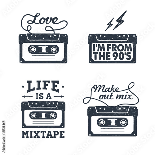 Hand drawn 90s themed set of badges with cassette tape vector illustration and inspirational lettering.