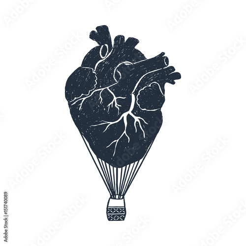 Hand drawn romantic poster with textured human heart vector illustration.