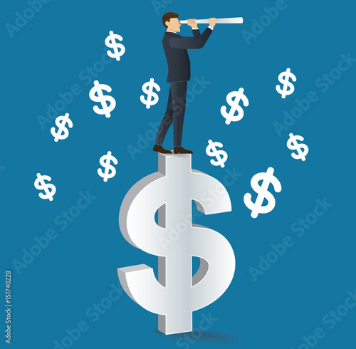 businessman looks through a telescope standing on dollar icon