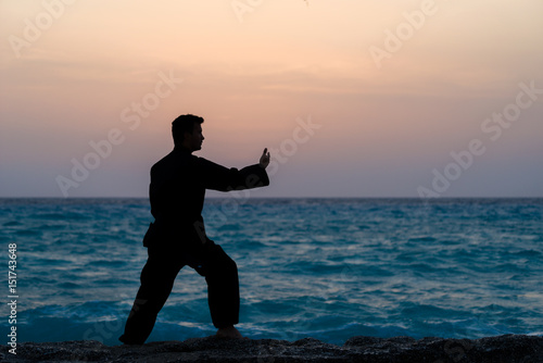 Man performs tai chi moves silhouetted