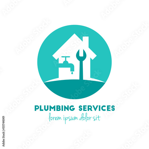 Plumbing services logo concept with house, water tap, waterdrop and wrench.