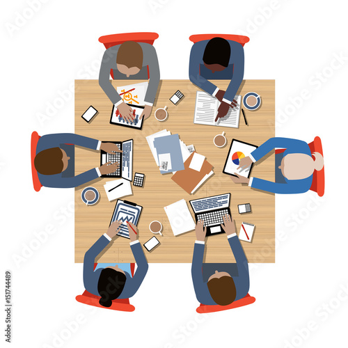 Business board meeting with diversity and equality at table flat design top view - vector grouped and easy to edit
