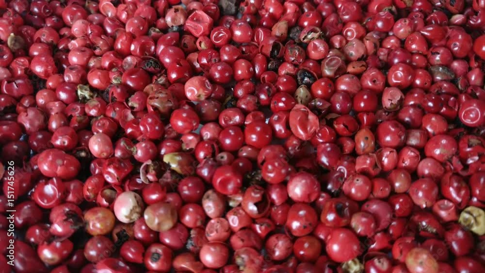 Pink pepper's grains rotating close up Pink pepper's grains rotating close up