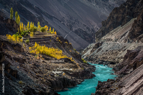 Zanskar river  in autumn near Chilling in the Indian Himalaya. Ladakh, India
