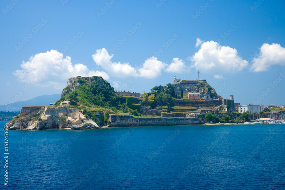 Hellenic temple and old castle at Corfu island