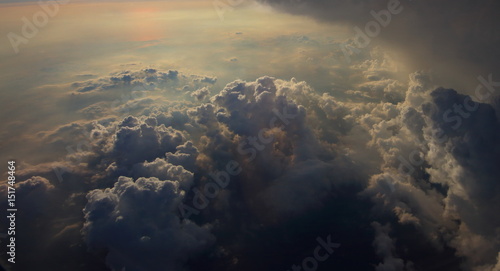 aerial view of warm color cloud with light ray and sun beam