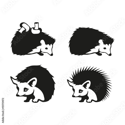 Set of four black  logo silhouettes of  hedgehog, illustration isolated on white background, vector image of animals, hedgehog with mushroom