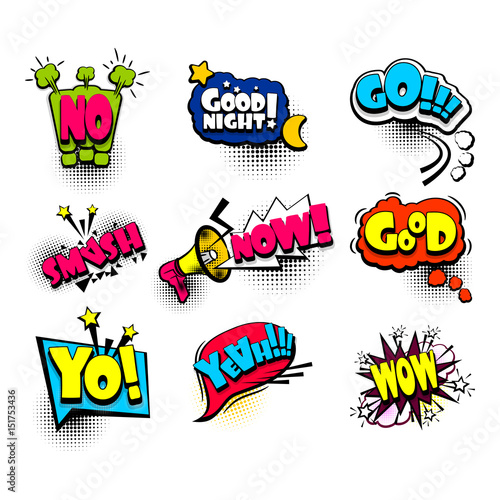 No go wow, big set colored comic text sound effects pop art style. Collection vector bubble icon speech phrase, cartoon font expression, sounds illustration background. Comics book balloon