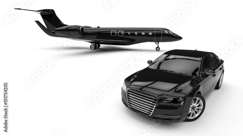 High Class transportation / 3D render image representing an high class car with a black jet plane  photo