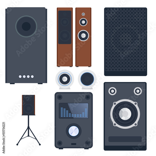 Home sound system stereo flat vector music loudspeakers player subwoofer equipment technology.