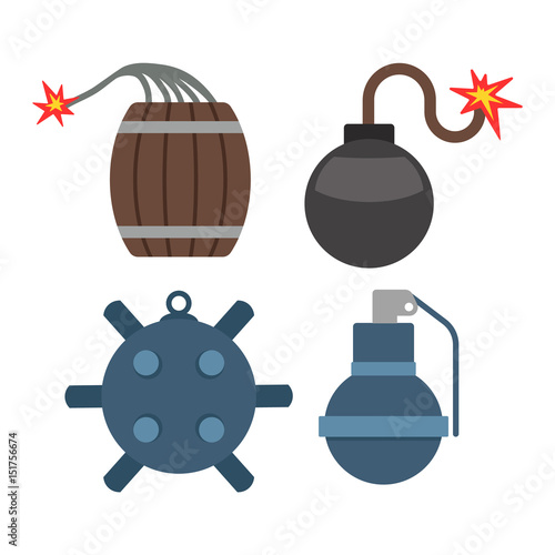 Bomb with burning wick vector illustration dynamite danger explosive weapon set