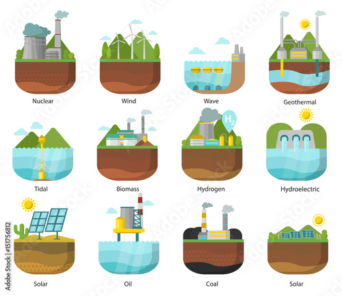 Generation energy types power plant icons vector renewable alternative solar wave illustration