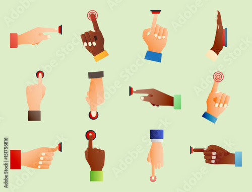 Hand press red button finger press control push pointer gesture human body pa...
