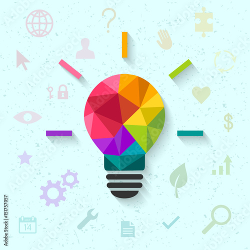 Creative idea concept with colorful light bulb and related icons in the background