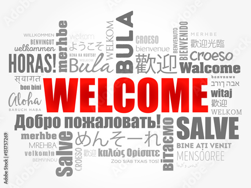 WELCOME word cloud in different languages, conceptual background