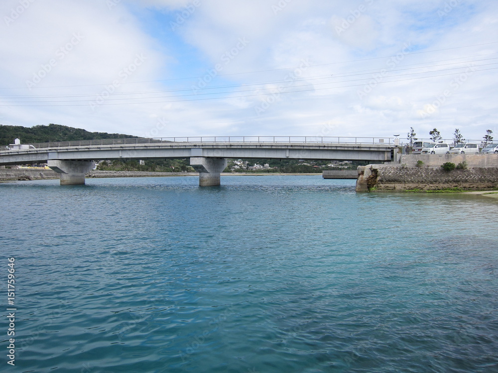 The bridge over small gulf of Ojima island in Okinawa, Japan