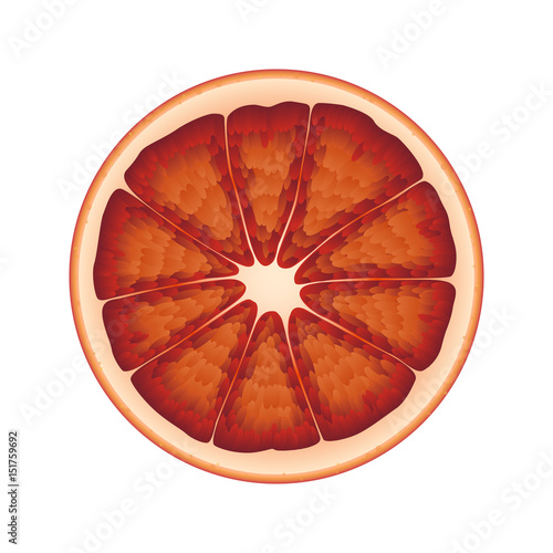 Isolated circle of juicy red color bloody orange on white background. Realistic colored round slice.
