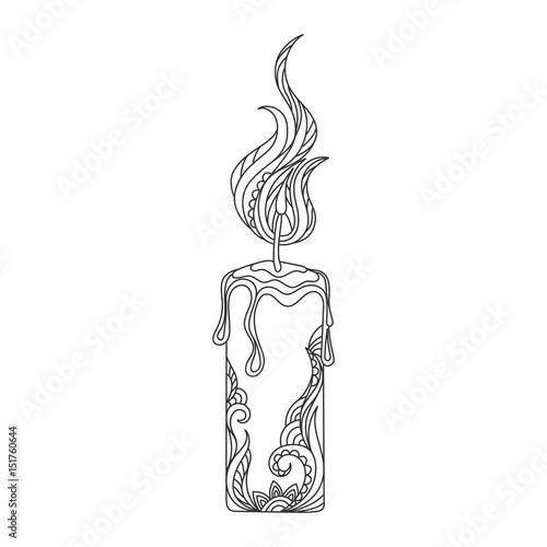 Isolated hand drawn black outline monochrome candle light on white background. Ornament of curve lines.