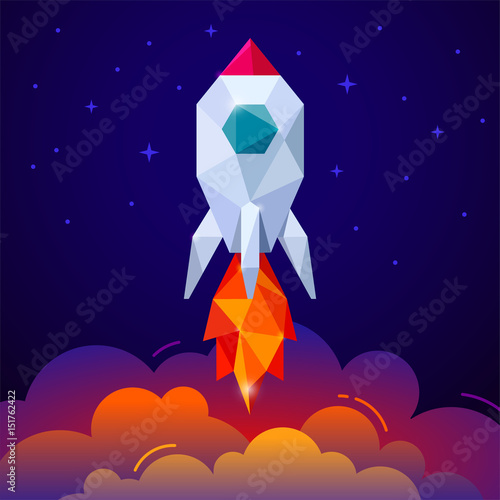 Space rocket on dark blue sky. Start up concept