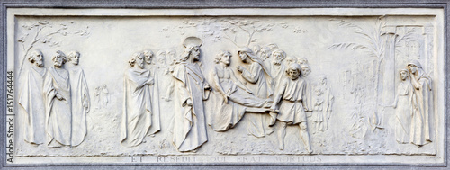 TURIN, ITALY - MARCH 15, 2017: The relief of Resurrection of the Widow's Son at Nain on the facade of church Basilica Maria Ausiliatrice by Emilio Spalla (1897 - 1971). photo