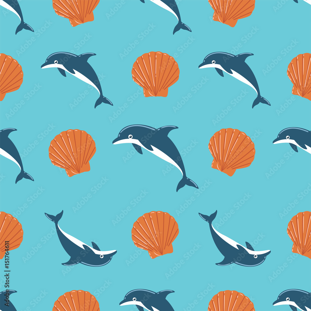 Obraz premium Dolphin and Seashell Seamless Pattern