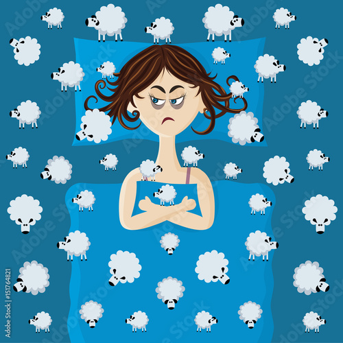 Sleepless woman lies and sheep walk around the bed. Insomnia concept to illustrate a stress and problem of sleep. Vector flat style illustration. 