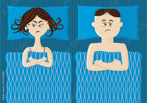 Man and woman lying apart in the bed. Young couple have a problem in relationships. Vector flat style illustration.