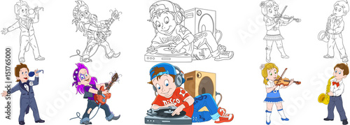 Cartoon people set. Collection of musical professions. Opera singer, guitarist of rock and roll band, disk jockey, violinist girl with violin, boy playing saxophone. Coloring book pages for kids.