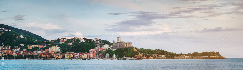 Scenic panoramic view of Lerici town skyline at sunset, Liguria, Italy. Picturesque italian riviera postcard.