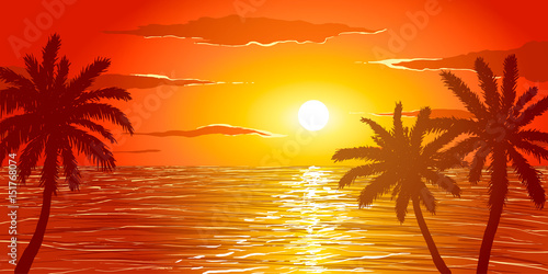 Beach at sunset in vector. Silhouettes of palm trees on the background of ocean. © evgenii141