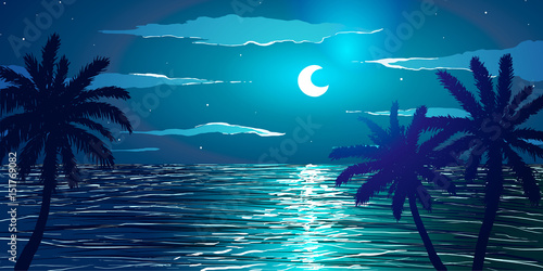 Vector illustration. Beach at night. Palm trees on ocean coast.