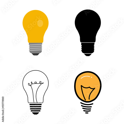 Halogen lamps package in different styles. Classical light bulb, outlines, silhouette and abstract lamps set. Vector illustration.