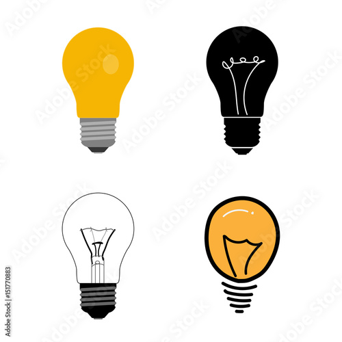 Halogen lamps package in different styles. Classical light bulb, outlines, silhouette and abstract lamps set. Vector illustration.