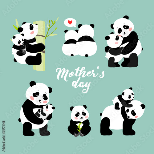 Fototapeta Naklejka Na Ścianę i Meble -  Mothers Day set of pandas, isolated vector illustration