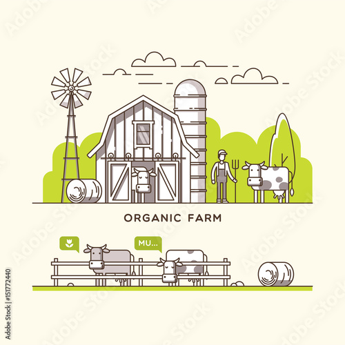 Organic farm. Milk and dairy products. Vector illustration.
