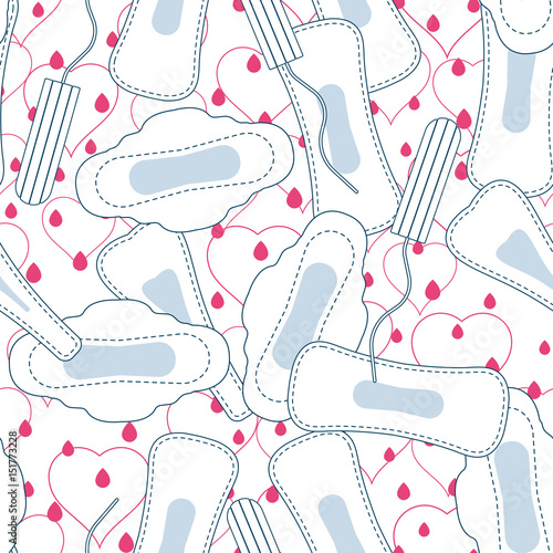 Seamless vector pattern with menstruation sanitary pads and cotton tampons.
