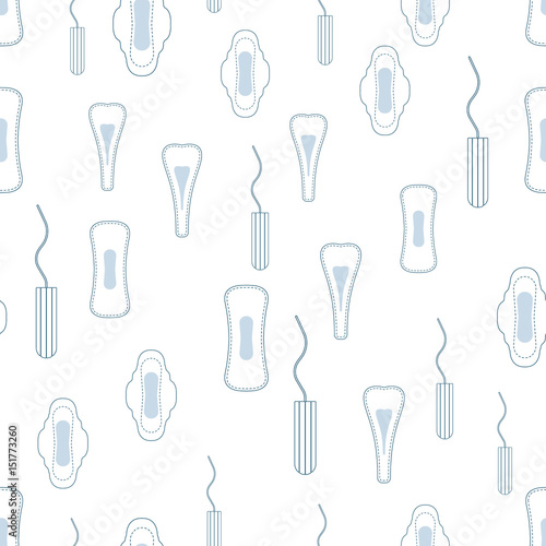 Seamless vector pattern with menstruation sanitary pads and cotton tampons.