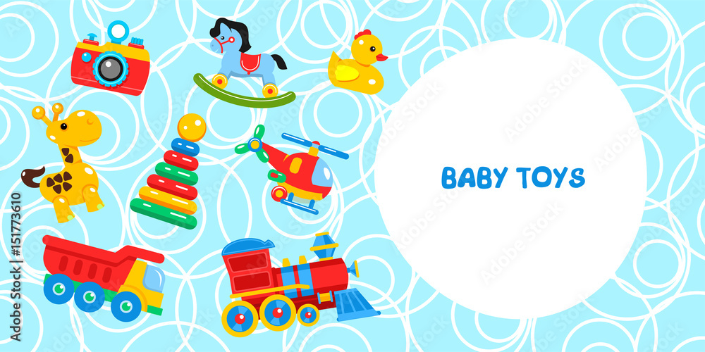Children's toys. Including giraffe, camera, helicopter, duck, pyramid, locomotive, dump truck. Vector illustration with place for text. Children's toys. Including giraffe, camera, helicopter, duck, pyramid, locomotive, dump truck. Vector illustration with place for text.
