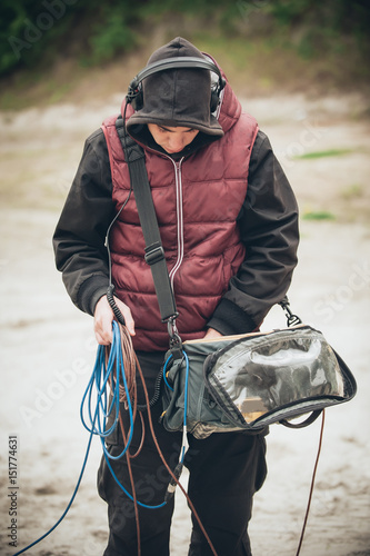 Behind the scene. Sound technician check equipment before recording