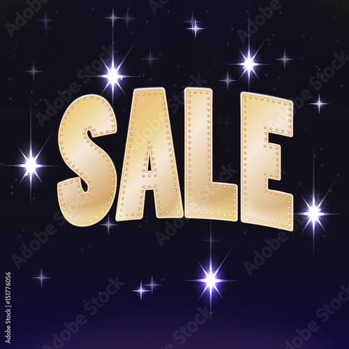vector inscription sale made of gold. blind contour and glowing lights. on the background of the starry sky