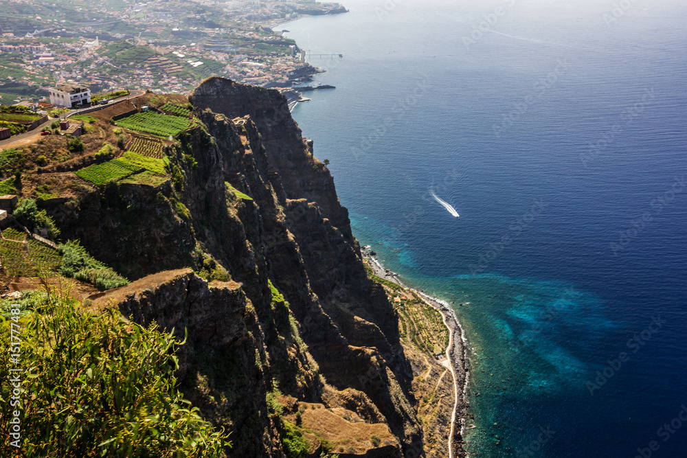 Madeira island, Portugal. Landscape on the Southern Coast, Cabo Girao, Atlantic Ocean and Funchal.