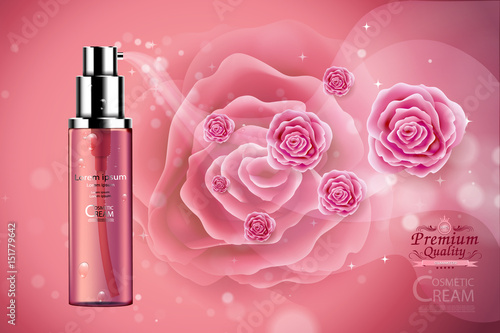 Luxury cosmetic Bottle package skin care cream, Beauty cosmetic product poster, with Rose and Bokeh background