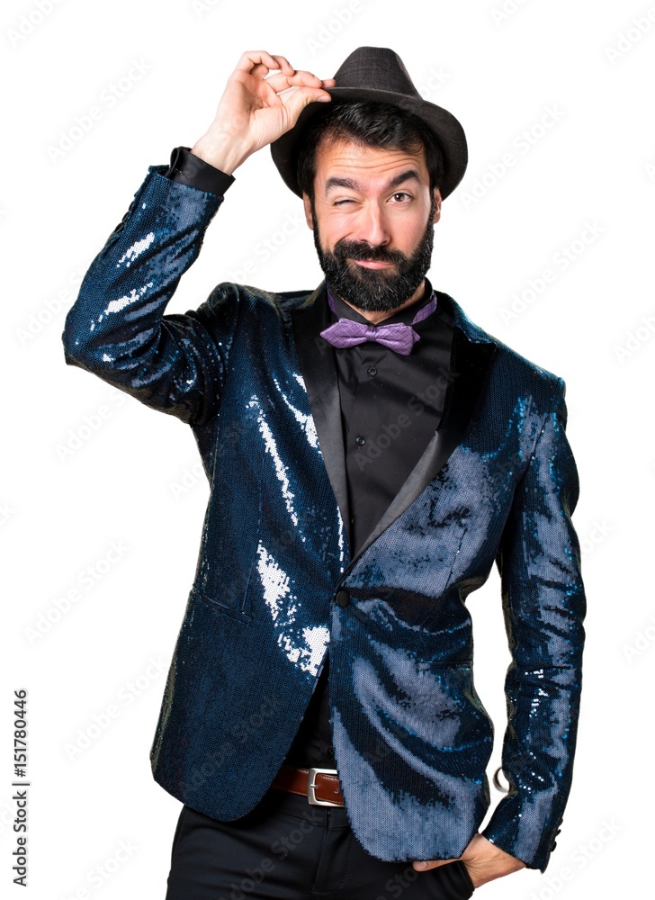 Handsome man with sequin jacket with hat Handsome man with sequin jacket with hat