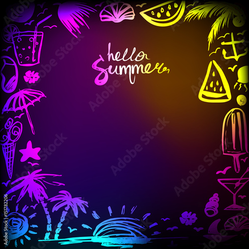 neon Lettering hello summer on a dark background. Beautiful background, invitation, banner, poster with signs and symbols of summer