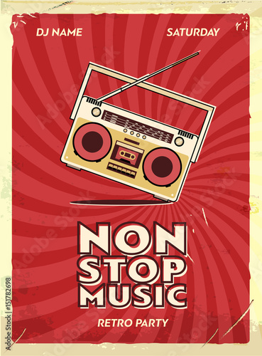 Retro party poster design. Music event at night club. Vintage invitation template. Grunge effects. Old cassette tape recorder.