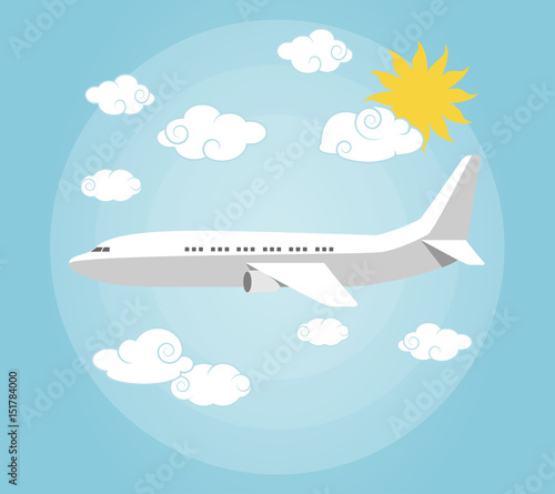 Flugzeug fliegt im Himmel vorbei an Wolken und Sonne Flat Design Vektor Grafik Illustration