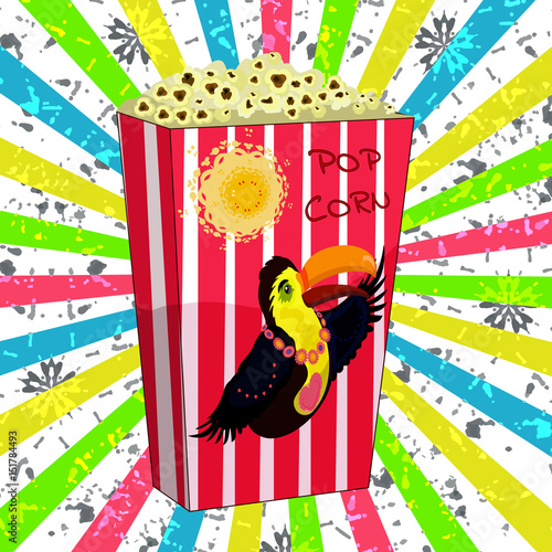 Carton bowl full of popcorn a picture of a Toucan photo