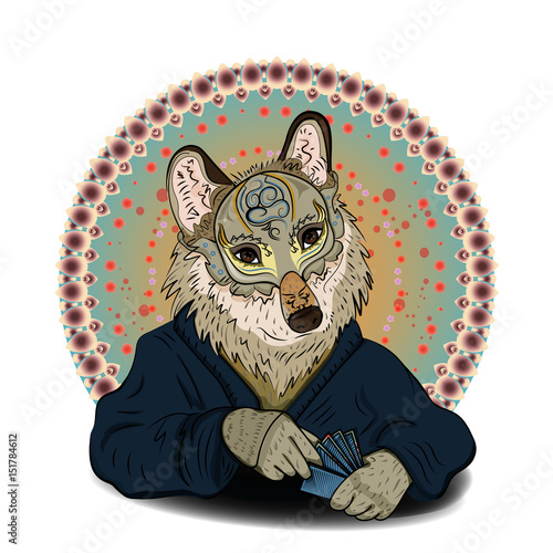 The magical wolf in the mask plays the card game