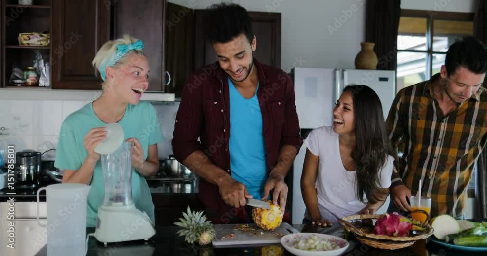 Two Couples In Kitchen Cooking Together, Young Woman And Man Group Talking Cut Vegetables And Fruits Prepare Healthy Meal Slow Motion 60 Two Couples In Kitchen Cooking Together, Young Woman And Man Group Talking Cut Vegetables And Fruits Prepare Healthy Meal Slow Motion 60